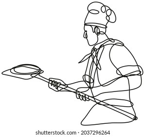 Continuous line drawing illustration of a pizza baker chef or cook holding peel done in mono line or doodle style in black and white on isolated background.