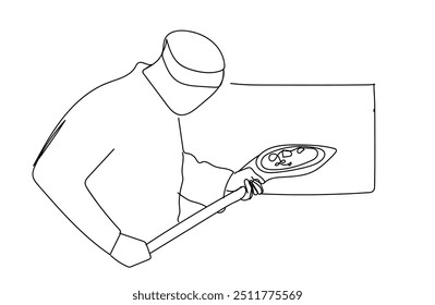 Continuous line drawing illustration of a pizza baker chef or cook holding peel done in mono line or doodle style in black and white on isolated background.