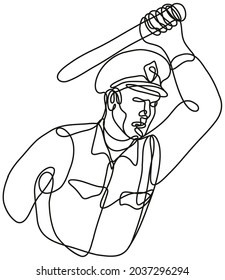 Continuous line drawing illustration of a policeman or police officer striking with baton or nightstick police brutality done in mono line or doodle style in black and white on isolated background.