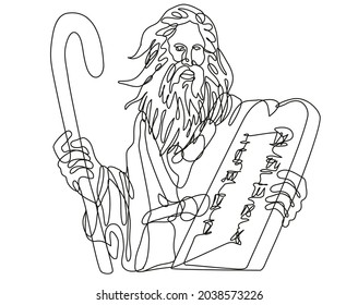 Continuous line drawing illustration of the Prophet Moses with staff holding a stone table with ten commandments done in mono line art doodle style in black and white.