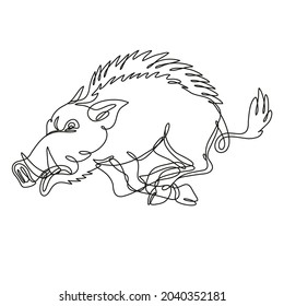 Continuous line drawing illustration of a razorback wild boar running attacking side view done in mono line or doodle style in black and white on isolated background.