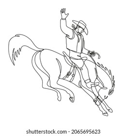 Ilustración continua de un vaquero rodeo montado en un bronco balanceado visto desde el lado hecho en línea mono o estilo doodle en blanco y negro sobre fondo aislado.