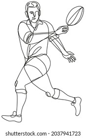 Continuous line drawing illustration of a rugby union player passing ball front view done in mono line or doodle style in black and white on isolated background.