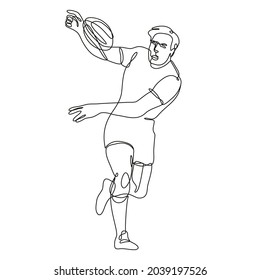 Continuous line drawing illustration of a rugby union player running passing ball front view done in mono line or doodle style in black and white on isolated background.