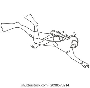 Continuous line drawing illustration of a scuba diver diving down Side View done in mono line or doodle style in black and white on isolated background.