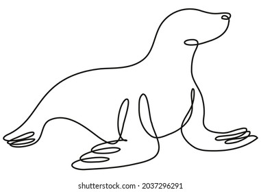 Ilustración continua de un sello visto desde un lado hecho en forma de línea mono o doodle en blanco y negro sobre fondo aislado.