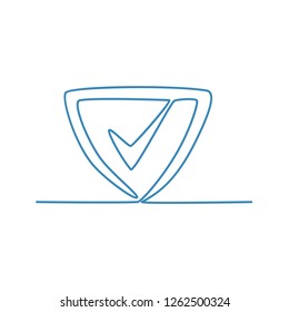 Continuous line drawing illustration of a shield with check mark representing background checking done in sketch or doodle style. 