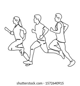 Continuous line drawing. The illustration shows a running girl and two guys. People do sports. Running people.