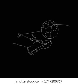 Continuous line drawing. The illustration shows the foot of a soccer player kicking the ball. Football. Vector illustration
