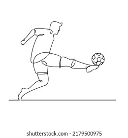 Continuous line drawing. Illustration shows a football player kicks the ball. Soccer. Vector illustration