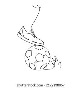 Continuous line drawing. Illustration shows a football player kicks the ball. Soccer. Vector illustration