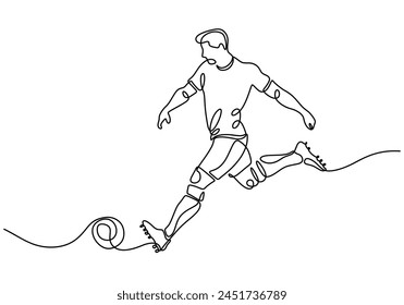 Continuous line drawing. Illustration shows football player kicks ball