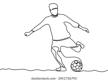 Continuous line drawing. Illustration shows football player kicks ball