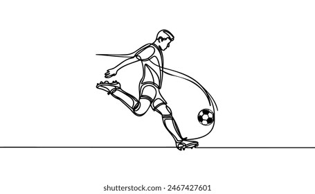 Continuous line drawing. Illustration shows a football player kicks the ball. Soccer. Vector illustration