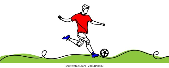 Continuous line drawing. Illustration shows a football player kicks the ball. Soccer. Vector illustration.