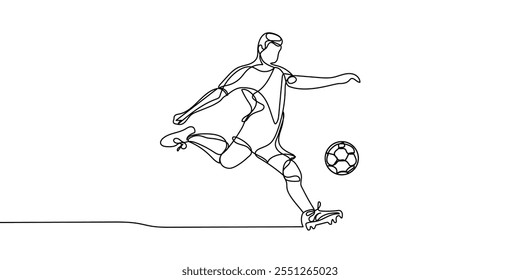 Continuous line drawing. Illustration shows a football player kicks the ball. Soccer. Vector illustration