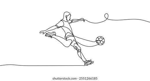 Continuous line drawing. Illustration shows a football player kicks the ball. Soccer. Vector illustration