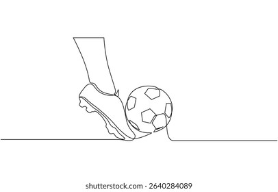 Continuous line drawing. Illustration shows a football player kicks the ball, Soccer match sports concept. Single line draw design vector illustration editable outline.
