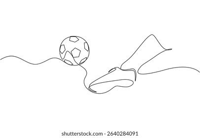 Continuous line drawing. Illustration shows a football player kicks the ball, Soccer match sports concept. Single line draw design vector illustration editable outline.