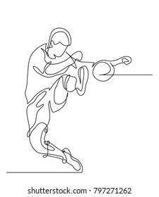 Continuous line drawing. Illustration shows a football player kicks the ball. Soccer. Vector illustration