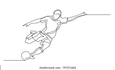 Durchgehende Zeilenzeichnung. Eine Illustration zeigt, wie ein Fußballspieler den Ball kickt.Fußball. Vektorgrafik