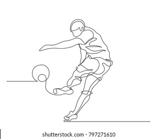 Continuous line drawing. Illustration shows a football player kicks the ball. Soccer. Vector illustration