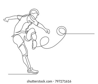 Continuous line drawing. Illustration shows a football player kicks the ball. Soccer. Vector illustration