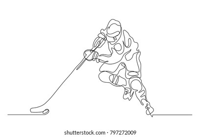 Continuous line drawing. Illustration shows a hockey player in attack. Ice Hockey. Vector illustration