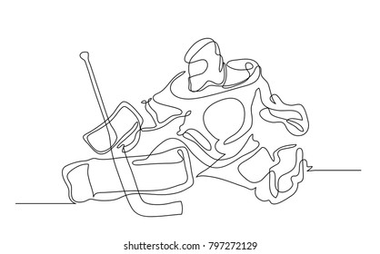 Continuous line drawing. Illustration shows a hockey goalkeeper in action. Ice Hockey. Vector illustration