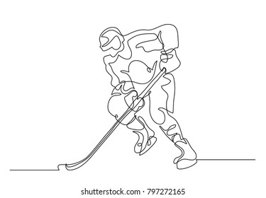 Continuous line drawing. Illustration shows a hockey player in attack. Ice Hockey. Vector illustration