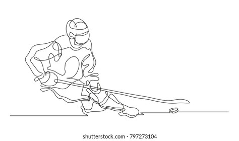 Continuous line drawing. Illustration shows a hockey player in attack. Ice Hockey. Vector illustration