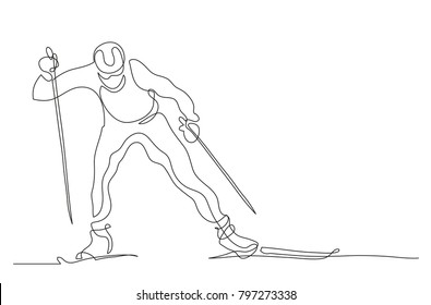 Continuous line drawing. Illustration shows a athlete runs on skis. Cross country skiing. Winter sport. Vector illustration