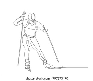 Continuous Line Drawing. Illustration Shows A Athlete Runs On Skis. Cross Country Skiing. Winter Sport. Vector Illustration