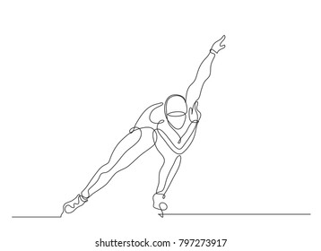 Continuous line drawing. Illustration shows a sportsman running on skates. Speed skating. Winter sport. Vector illustration