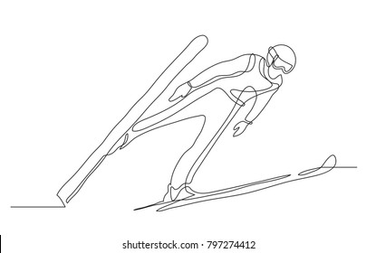 Continuous line drawing. Illustration shows a athlete performs a jump from a springboard to ski. Ski jumping. Vector illustration
