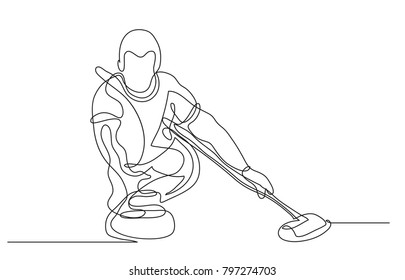 Continuous line drawing. Illustration shows a athlete playing curling. Curling. Winter sport. Vector illustration