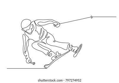 Continuous line drawing. Illustration shows a Alpine skier skiing downhill. Winter sport. Extreme. Vector illustration
