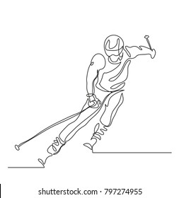 Continuous line drawing. Illustration shows a Alpine skier skiing downhill. Winter sport. Extreme. Vector illustration