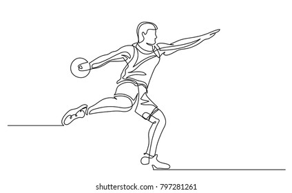 Continuous line drawing. Illustration shows a athlete throwing disc. Sport. Discus. Vector illustration