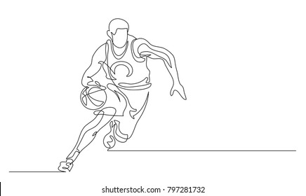 Continuous line drawing. Illustration shows a basketball player in the attack. Sport. Basketball. Vector illustration