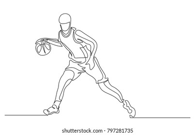Continuous line drawing. Illustration shows a basketball player in the attack. Sport. Basketball. Vector illustration