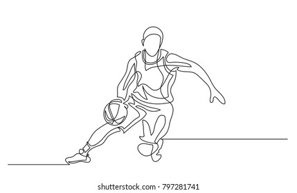 Continuous line drawing. Illustration shows a basketball player in the attack. Sport. Basketball. Vector illustration