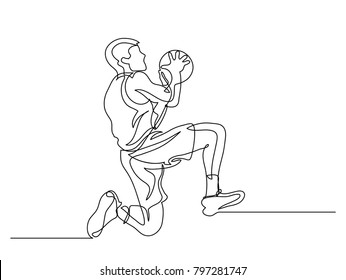 Continuous line drawing. Illustration shows a basketball player in the attack. Sport. Basketball. Vector illustration