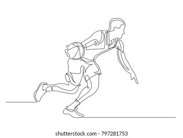 Continuous line drawing. Illustration shows a basketball player in the attack. Sport. Basketball. Vector illustration