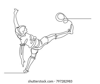 Continuous line drawing. Illustration shows a football player kicks the ball. Soccer. Vector illustration