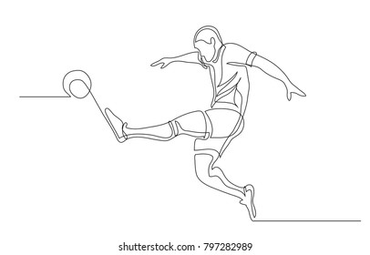 Durchgehende Zeilenzeichnung. Eine Illustration zeigt, wie ein Fußballspieler den Ball kickt. Fußball. Vektorgrafik