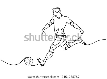Continuous line drawing. Illustration shows football player kicks ball