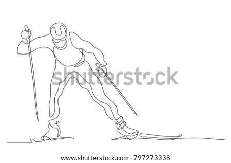 Continuous line drawing. Illustration shows a athlete runs on skis. Cross country skiing. Winter sport. Vector illustration