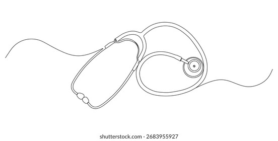 Continuous line drawing illustration of a stethoscope arranged in a neat and minimalist style. The simple outline represents healthcare, medicine, diagnostics, and the essential role of doctors