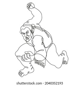 Continuous line drawing illustration of a sumo wrestler or rikishi in fighting stance front view done in mono line or doodle style in black and white on isolated background.